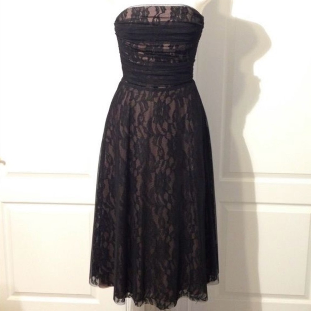 BCBG sheer polka dot black tulle overlay rose dress size 6